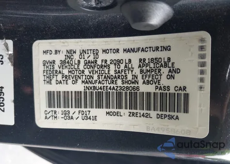 2010 Toyota Corolla S из США, поврежденный, VIN 1NXBU4EE4AZ328066